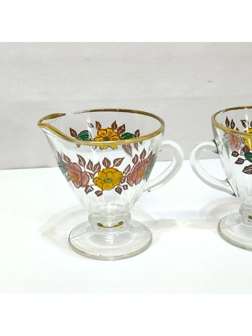 Vintage Glass Creamer & Sugar Set Floral Design Gold Rim Accents Artist Unknown